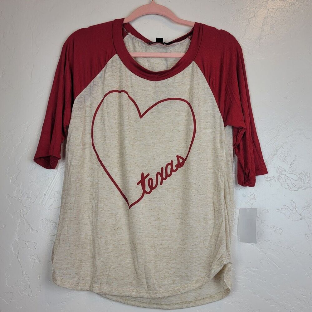 Living Doll LA Womens Sz L Linen Blend Graphic Tee Texas Heart Raglan Top Shirt